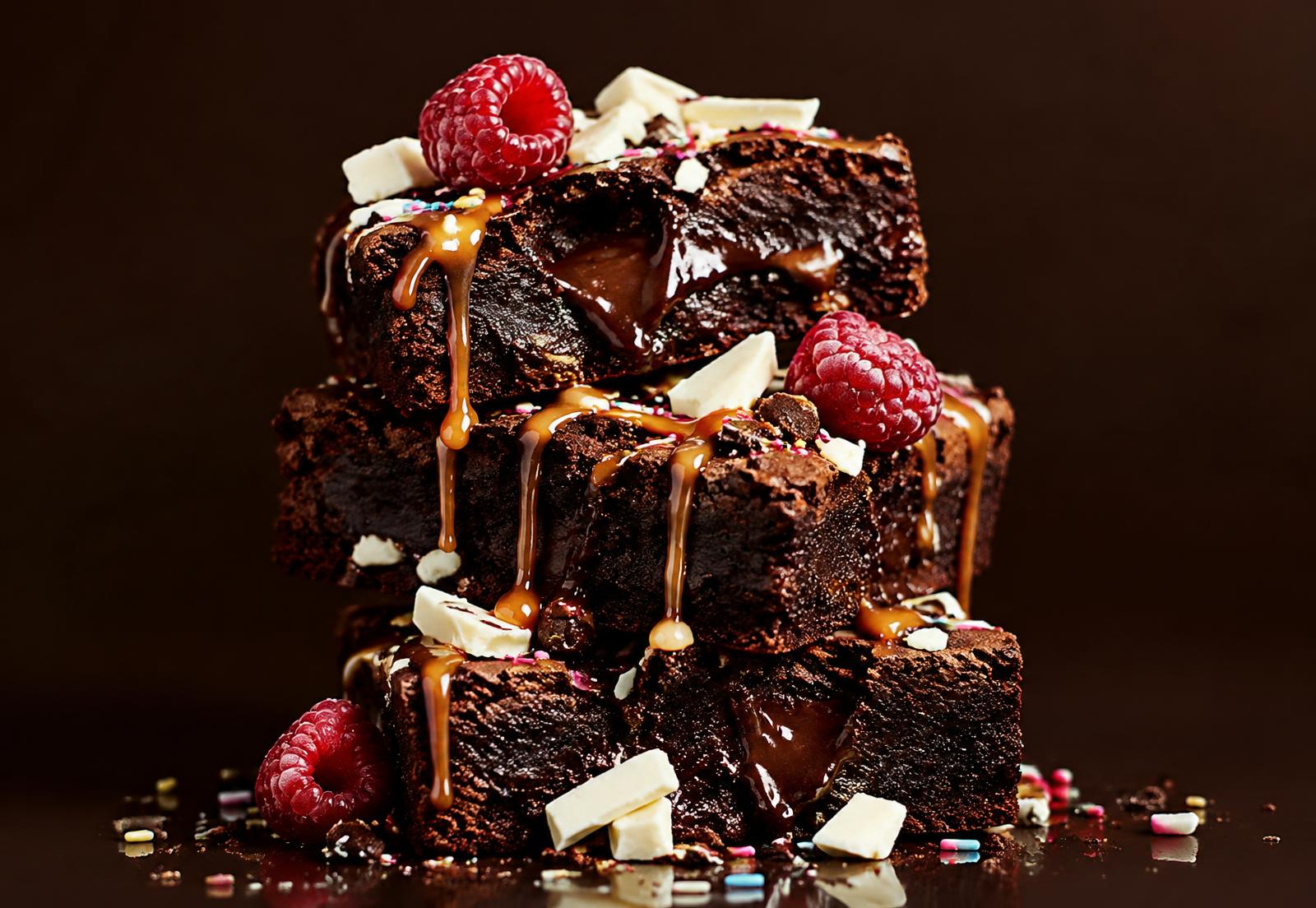 Stacked gooey brownies with caramel, white chocolate and raspberries